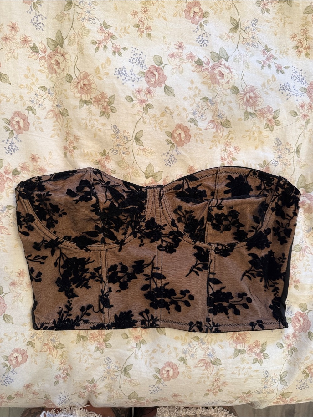 SHEIN Black Floral Lace Bustier on Nude Mesh